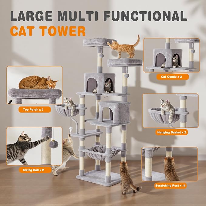 71 Inch Large Cat Tree Tower with Sisal Scratching Post | Multi-Level Cat Climbing Tower with Hammock, Pet Condo for Indoor Cats and Kittens, Light Grey