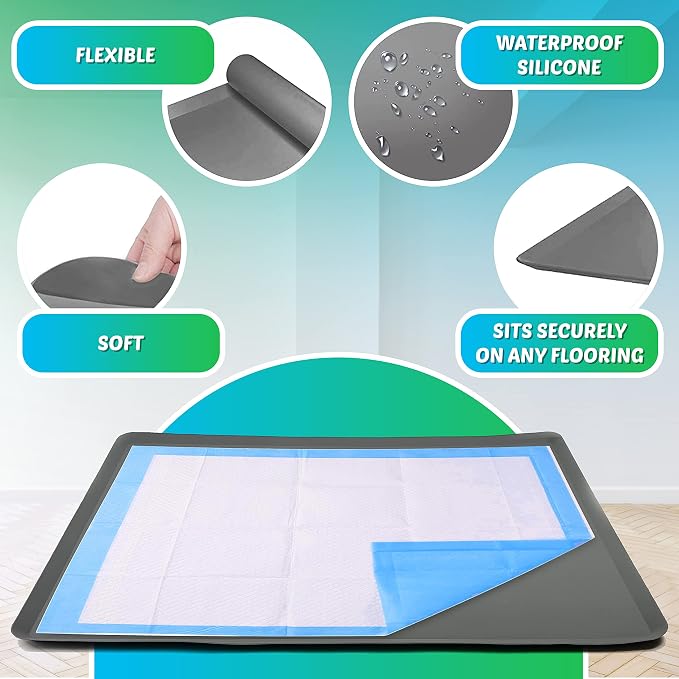 TidyFriend Dog Pee Pad Holder Tray Fits for 36” x 36” Wee Wee Pee Pads - Stable Grip, Raised Edges, Quick-Wipe Silicone Surface Dog Potty Tray Holder for Indoor Flooring Protection (Grey)