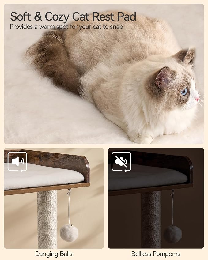 43.7" Cat Tree, Modern Cat Tree Tower, Cat Tower for Indoor Cats Large Adult, Cat Condo with Scratching Post, Large Perch and Removable Pads,Rustic Brown