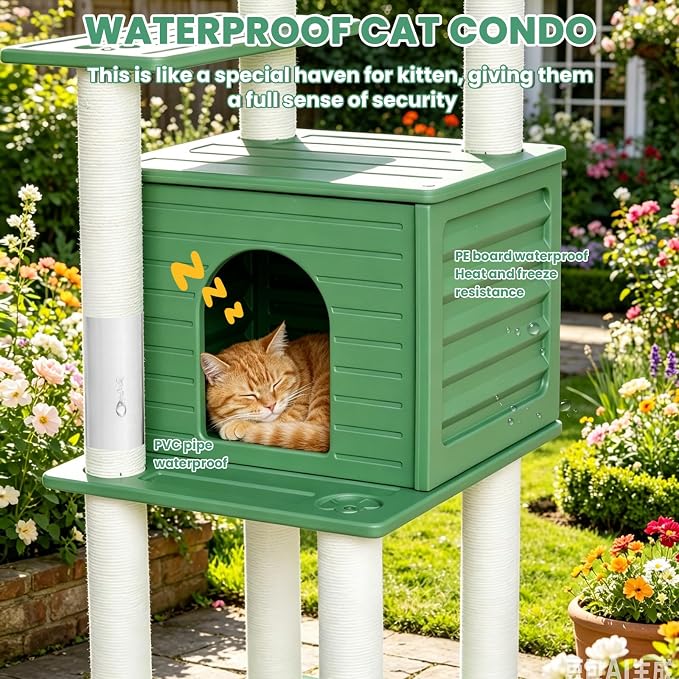 Outdoor Tall Weatherproof Cat Tree Tower with PE Board and Cat Scratch Post | 72in Green Multi-Level Cat Tree with Spacious Cat Condo,Waterproof Board,Easy to Assemble&Clean,for Indoor&Outdoor Use CTT-4
