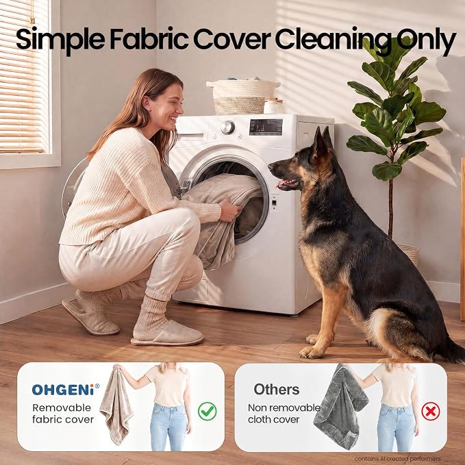 OhGeni Orthopedic Dog Bed Couch Big Cat Sofa for Extra Large Sized Pets with Memory Foam, Machine-Washable Waterproof Removable Cover, Soft Comfortable Fabric, 44-inch (Beige)