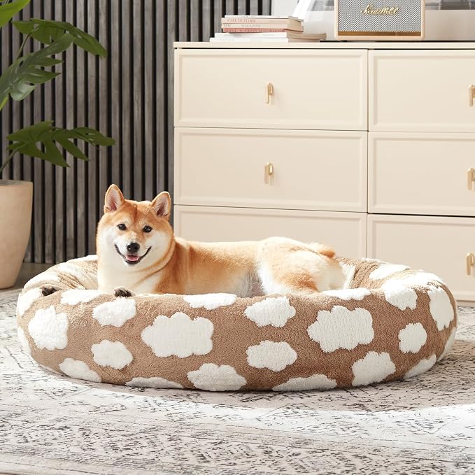 JOEJOY Donut Dog Bed Medium Size Dog, Cute Round Calming Pet Bed with Removable Washable Cover, Orthopedic Puppy Bed with Jacquard Shaggy Plush & Non Skid Bottom
