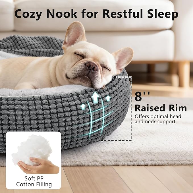 Dog Bed with Attached Blanket for Small Dogs or Cats, Soft Plush Cozy Donut Cuddler Hooded Pet Beds Washable. Round Puppy Bed Orthopedic, Calming Cat Cave Bed. Anti-Slip Bottom 26inch