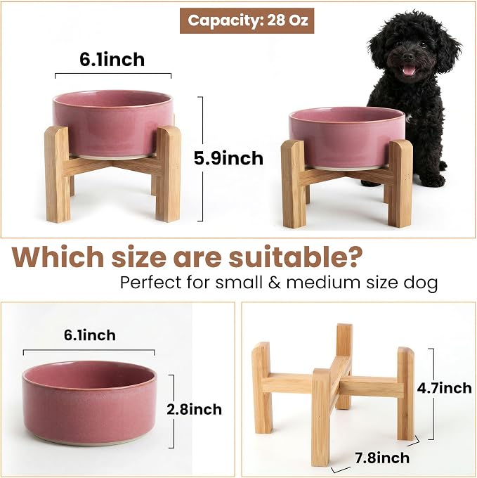 hjn Elevated Ceramic Dog Bowl with Bamboo Stand, Raised Pet Feeding Station for Small Medium Dogs Cats, Modern Design with Anti-Slip Base (Deep Pink, 3.6Cup)
