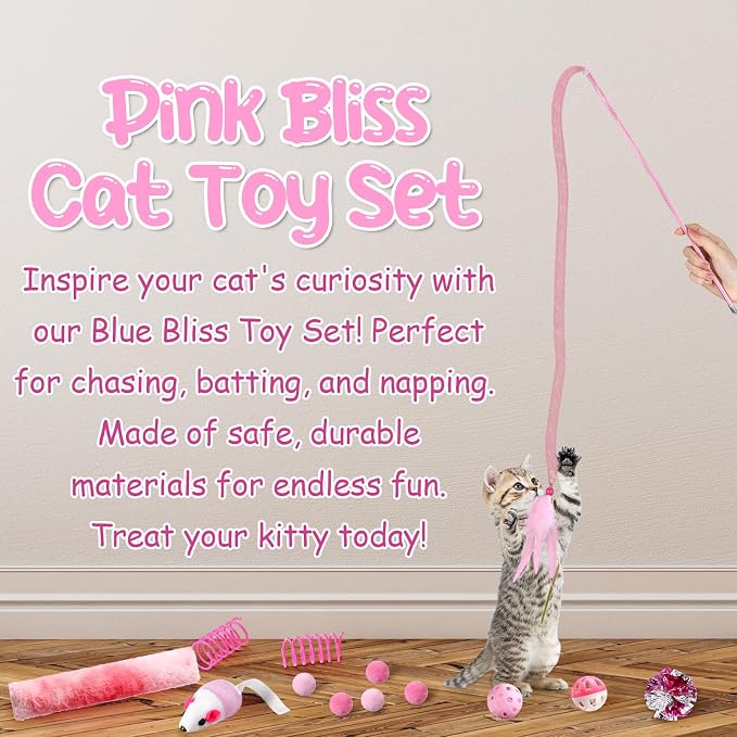 Foilswirl 24 Pcs Cat Toys Set Interactive Kitten Toys Pack Including Collapsible Play Tunnel Feather Teaser Wand Fuzzy Ball Springs Pillow Mouse Bells for Indoor Cats Puppy(Pink)