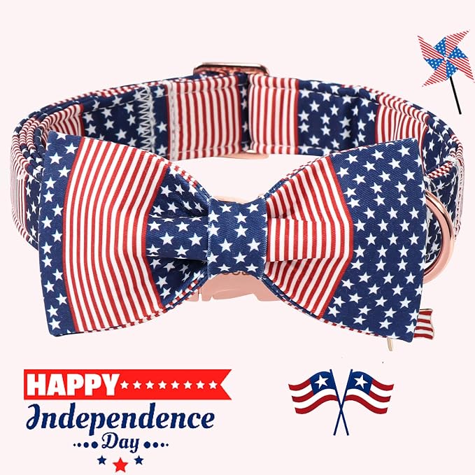 DOGWONG American Flag Dog Collar, 4 of July Dog Bow Collar Heavy Duty Adjustable Patriotic Dog Collar with Bowtie for Small Medium Large Dogs