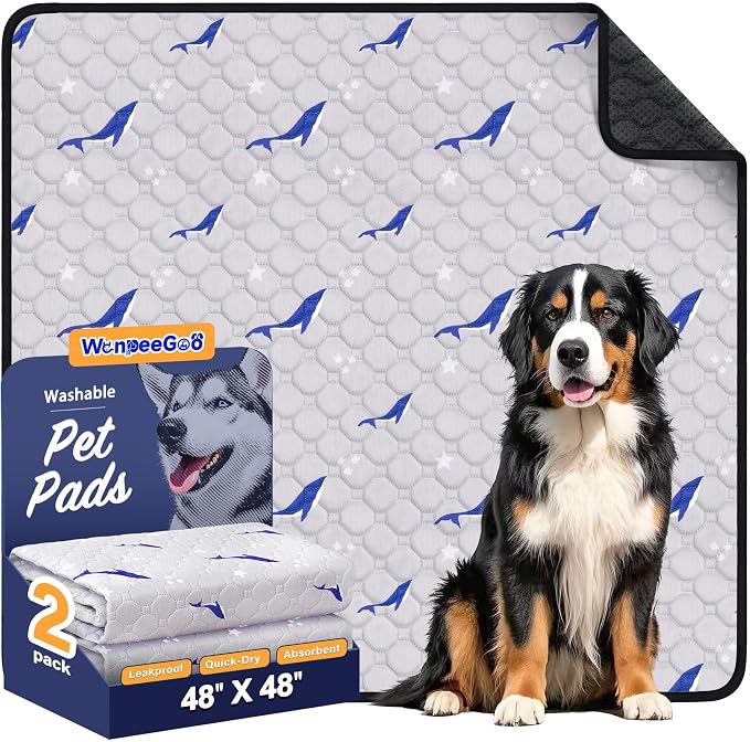 Washable Dog Pee Pads, Non-Slip Waterproof, 48 x 48 in, 2 Pack, Dolphin | Super absorbent, waterproof and non-slip; washable, reusable dog pads for crates, playpens, floors, furniture and travel