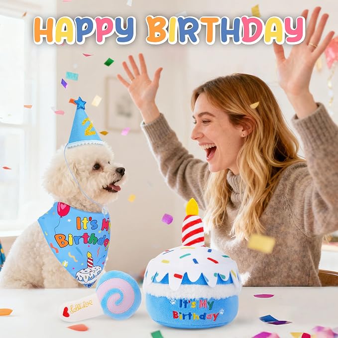KIPRITII Dog Birthday Party Supplies – Dog Birthday Cake Toys, Birthday Bandana & Hat for Small Dogs, Interactive Puppy Plush Toys to Relieve Boredom