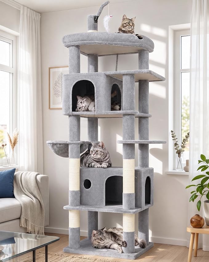 Globlazer F74B Cat Tree for Indoor Cats Large Adult, Multi-Cat, Light Grey | Easy Setup, 74in Tall Tower, Oversized Top Perch, 2 Large Condos, Hanging Basket, 5 Sisal Scratching Posts, Anti-Topple Strap