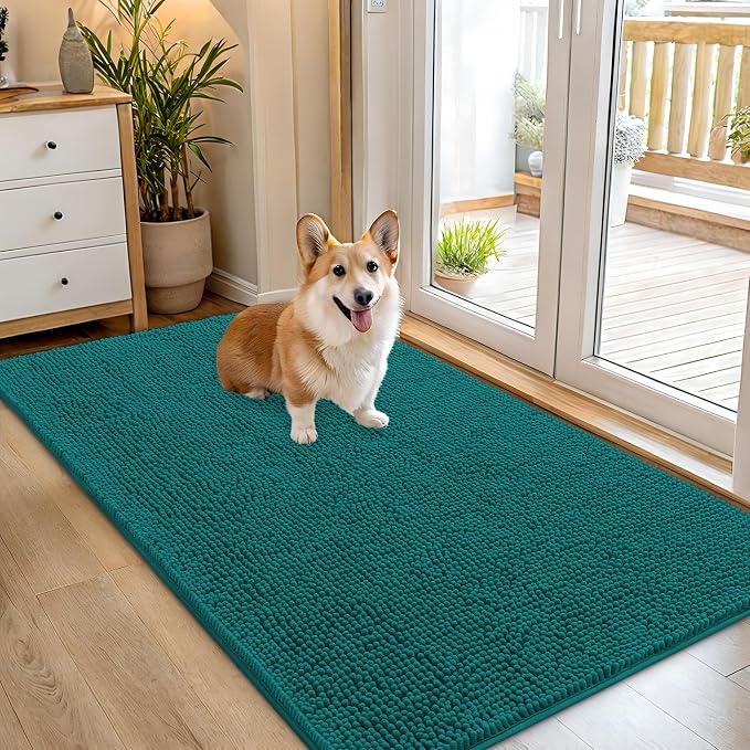 OLANLY Dog Door Mat for Muddy Paws 54x32, Super Absorbent Chenille Mud Mat | Lake Blue, Absorbs Moisture and Dirt, Non-Slip Machine Washable Doormat, Quick-Drying Indoor Entryway Floor Carpet for Dogs