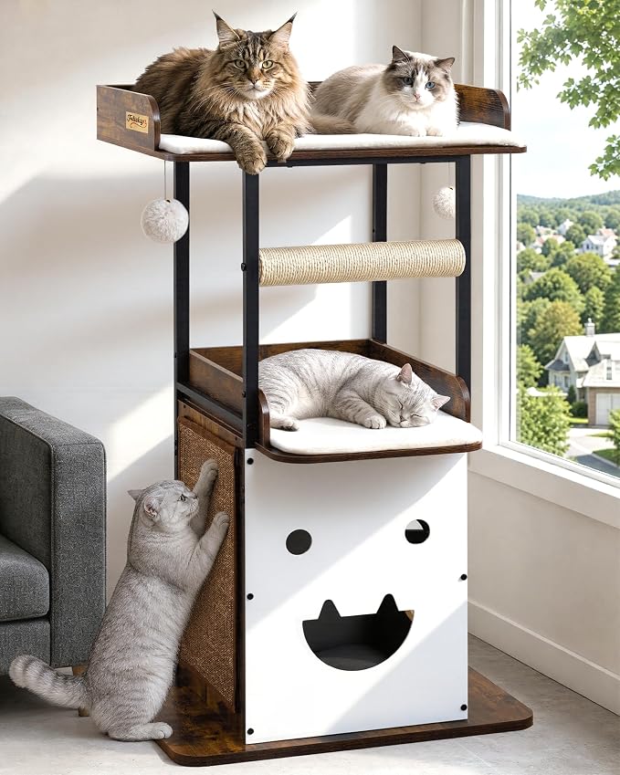 48in Wood Modern Cat Tree for Large Indoor Cats with Big Perch Bed | Multi-Level Climbing Design, Cat Cando, Sisal Scratching Posts and Board, Removable Washable Pads, Stable Rustic Brown