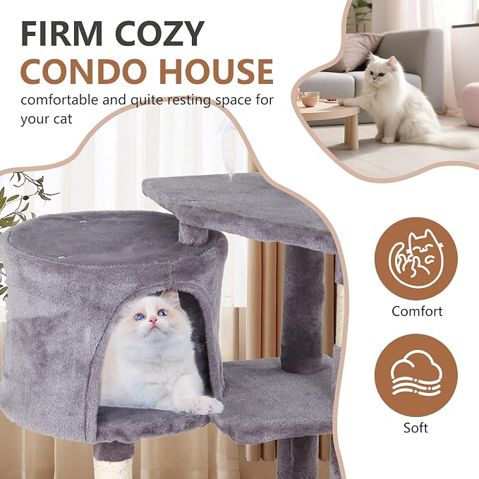 FDW | 36" Cat Tree Tower | Light Gray | Multi-Level Indoor Activity Center with Sisal Scratching Posts, Condos, Plush Perches, Hanging Cat Toys | Sturdy, Easy to Assemble | for Kittens & Adult Cats