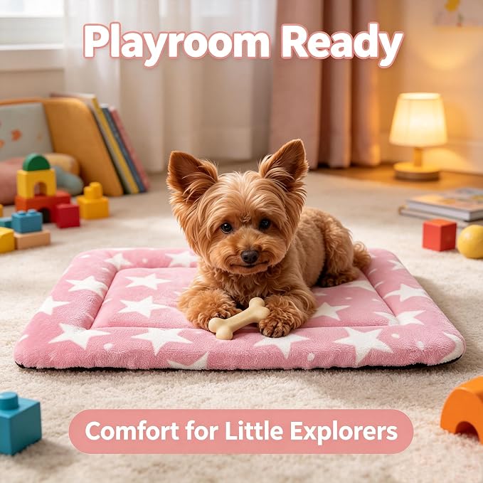Dog Bed Mat,Reversible & Ultra Soft Kennel Pad-Machine Washable Pet Bed for Dogs & Cats-All-Weather Crate Liner for Crates,Carriers & Travel (Big Star&Pink, 24.0" L x 18.0" W x 1.5" Th)