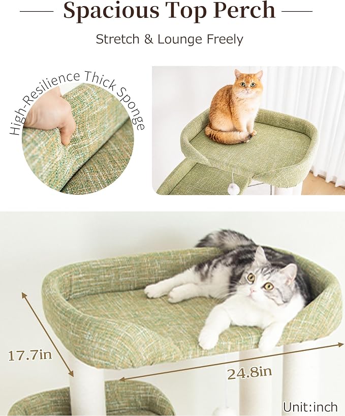 53'' Cat Tree for Large Cat, Modern Senior Friendly Cat Tower with Wide Shelves Low Step, Cotton Scratching Posts, Super Sturdy Base, Cozy Perches, and Interactive Toys (Green)