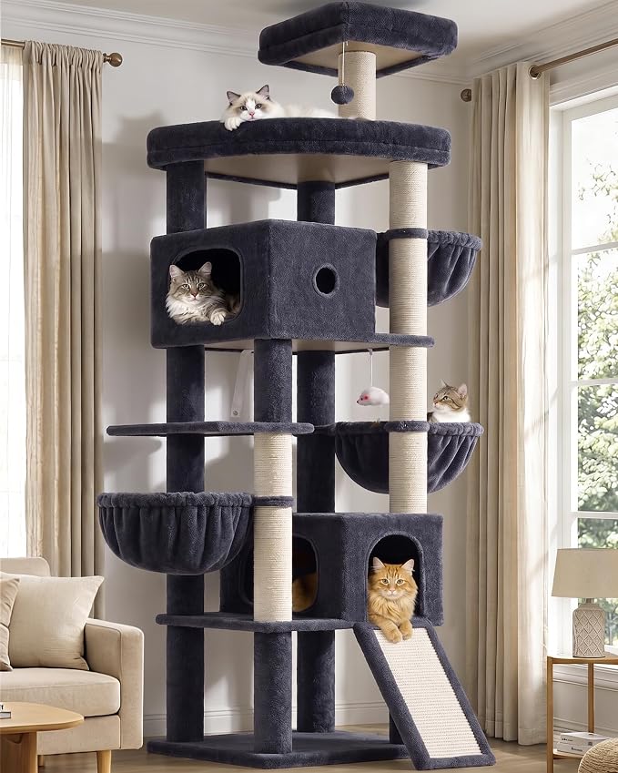 Globlazer F83C Pro Max Heavy Duty Maine Coon Cat Tree, 83in Tall Tower | Easy Assembly, Large Cats, 2 Condos, 3 Hanging Baskets, 2 Perches, 7 Sisal Scratching Posts, Anti-Topple Strap, Dark Grey