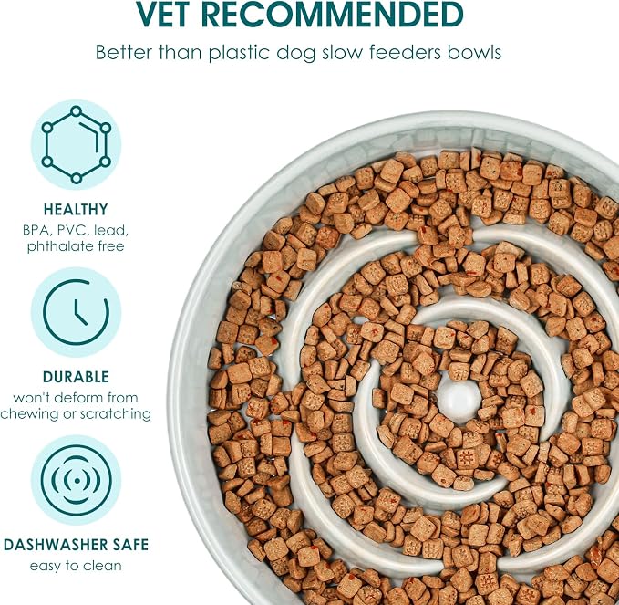 vancasso Slow Feeder Dog Bowl, 1.5 Cups Ceramic Dog Food Dish for Fast Eaters Medium Breed, Puzzle Bowl for Small Dogs and Cats, Grayish Cyan
