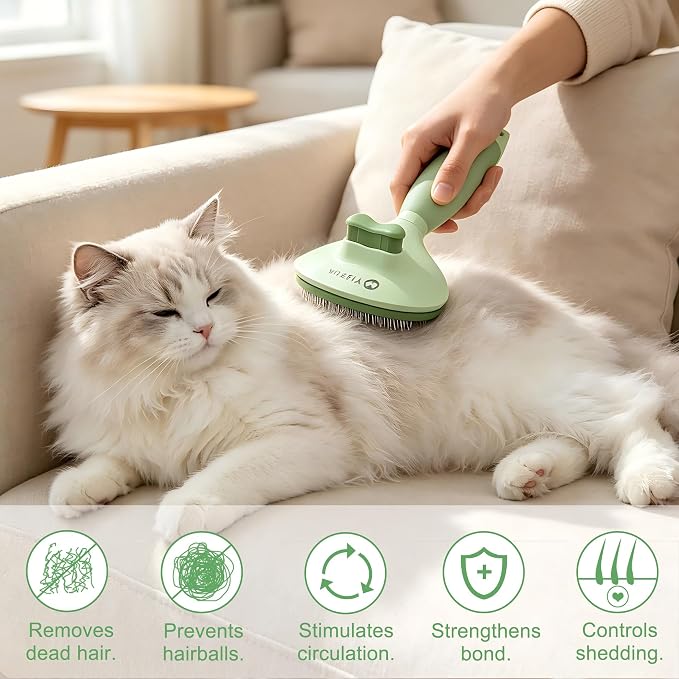 Cat Brush for Shedding, Self Cleaning Brush for Long & Short Hair Cats | For Indoor Cats,Removes Loose Hair,Reduces Shedding,Soft Rounded Tips,Ergonomic Silicone Handle,Gentle Massage,Easy Grooming