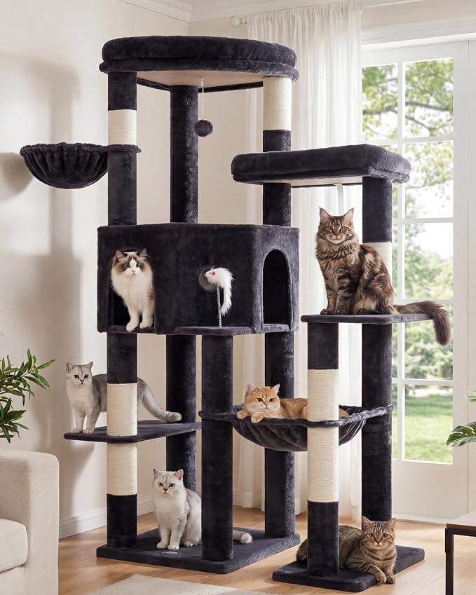 65" Cat Tree Tower, Anti-Tip Cat Condo for Indoor Cats VCT012G | Cat Furniture with Extra Wide Baseboard & Large Perch, 2 Hammocks, Cozy Condo, 7 Sisal Scratching Posts, Smoky Gray