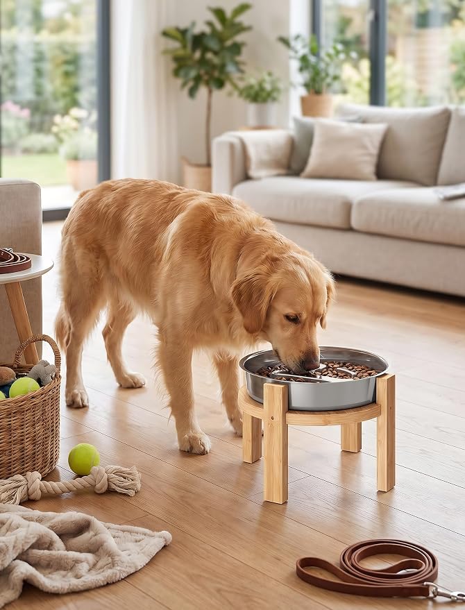 ZooZoo Elevated Slow Feeder Dog Bowl Stainless Steel with 7in Bamboo Stand | Food Grade Rustproof Dishes For Small Medium Pets, Non-Slip Base Protects Floors, Easy To Clean For Healthy Eating