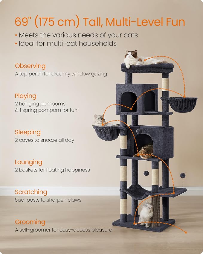 Feandrea Cat Tree, 69-Inch Tall Cat Tower, Multi-Level Plush Condo with 2 Caves, 2 Baskets, 5 Scratching Posts, Self-Groomer, Perch, Hammock, Dark Gray UPCT182G02