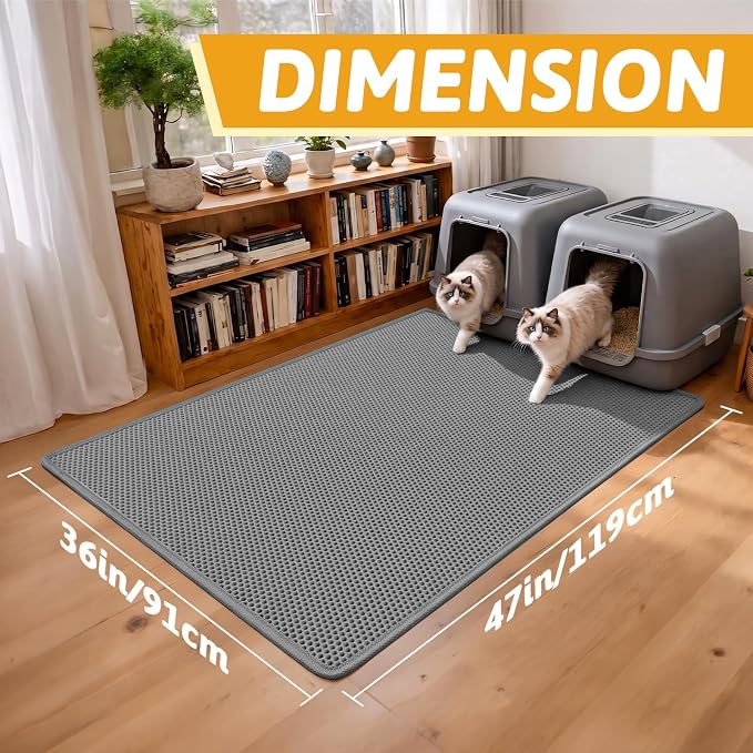 Pieviev Cat Litter Box Mat, Double-Layer Urineproof Design, 47" x 36" Gray | Honeycomb Litter Trapping Mat Captures Scattered Particles to Stop Tracking, Waterproof Base Protects Floors, Easy to Clean
