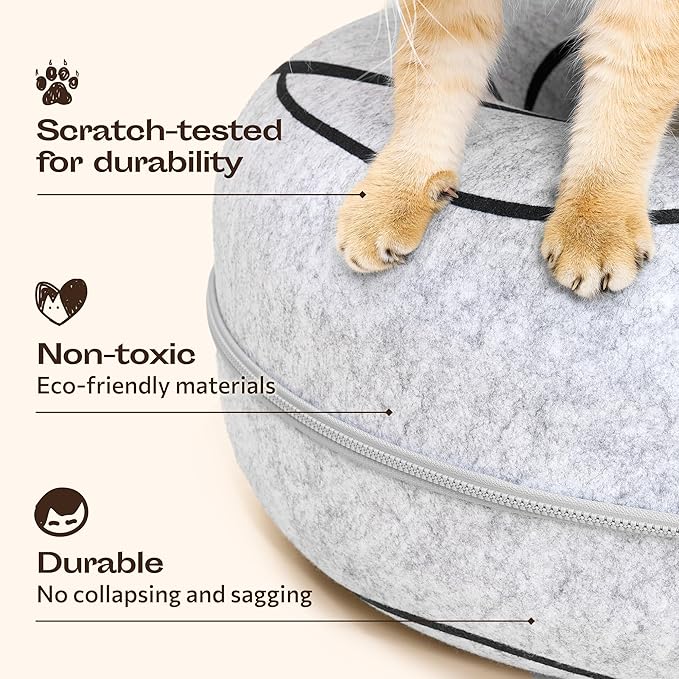 Peekaboo Cat Cave Donut - Cat Tunnel Bed for Indoor Cats – Cute Patterns Hideaway for Multiple & Large Cats, Scratch-Resistant (Light Gray)