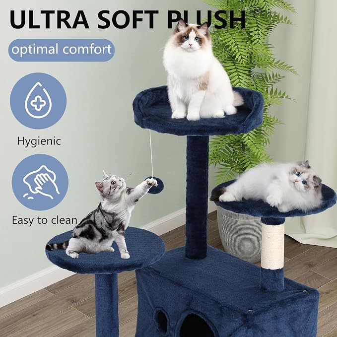 FDW | 54" Cat Tree Tower | Dark Blue | Multi-Level Indoor Activity Center with Sisal Scratching Posts, Condos, Plush Perches, Hanging Cat Toys | Sturdy, Easy to Assemble | for Kittens & Adult Cats