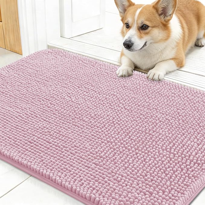 OLANLY Dog Door Mat for Muddy Paws 24x16, Super Absorbent Chenille Mud Mat | Dusty Rose, Absorbs Moisture and Dirt, Non-Slip Machine Washable Doormat, Quick-Drying Indoor Entryway Floor Carpet for Dogs