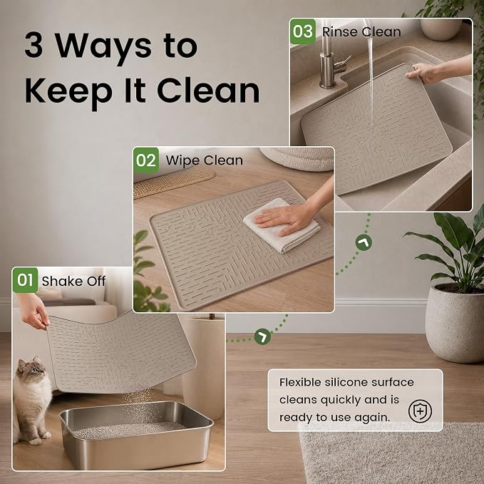 OHMO Cat Litter Mat, 23.5x16 Silicone Trapping Mat Beige | for Kitty Litter Box, Easy Clean, BPA Free Rubber, Center Litter Collection, Easy Pour-Back, Waterproof, Odor-Resistant