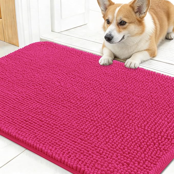 OLANLY Dog Door Mat for Muddy Paws 30x17, Super Absorbent Chenille Mud Mat | Hot Pink, Absorbs Moisture and Dirt, Non-Slip Machine Washable Doormat, Quick-Drying Indoor Entryway Floor Carpet for Dogs