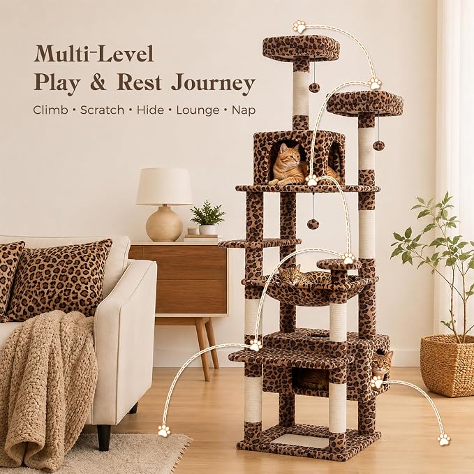 PAWZ Road 72" Leopard Tall Cat Tree for Large Cats with Condo & Sisal Posts | leopard plush cat tower, dual condos&perches for indoor large cats, 16"x16" large hammock,8 sisal posts&bottom scratcher