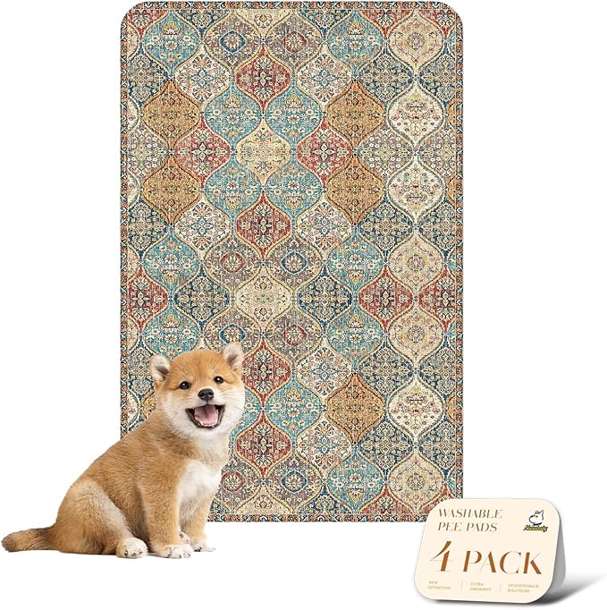 nunubaby 4PACK Washable Pee Pads for Dogs, Stylish, Non-Slip and Leak-Proof Pee Pads. Reusable Potty Pads for Dogs for Crates and Floors.(Cream/Multi,24" x36" )
