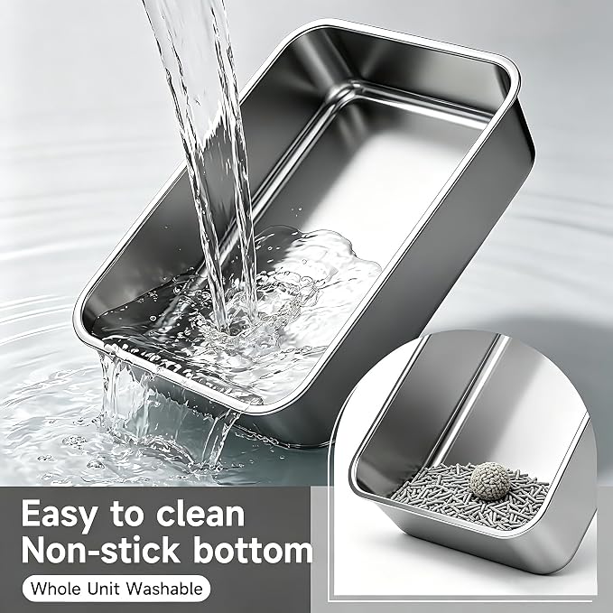 Stainless Steel Litter Pan Open Top Low Entry Easy Cleaning Anti-Urine Leakage Non-Sticky Odor Free Metal Litter Box