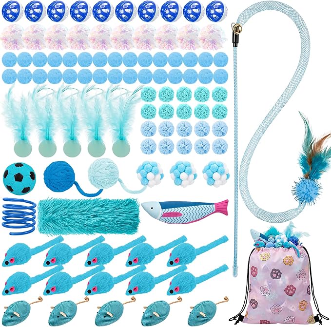 Leitee 101 Pcs Cat Interactive Toys Set with 1 Cat Paw Gift Storage Bags Feather Teaser Wand Springs Mice Fish Crinkle Balls Bell Balls Pillow, Puzzle Toys for Cats Gift Indoor(Blue)