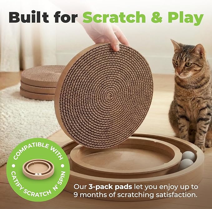 Best Pet Supplies Catify Cat Scratcher, Fun Interactive Scratchers, Posts, Poles, Claw Safe, Furniture Saver Indoor Play Support Natural Cat Behaviors Heavy Duty - Round(3 Pack)