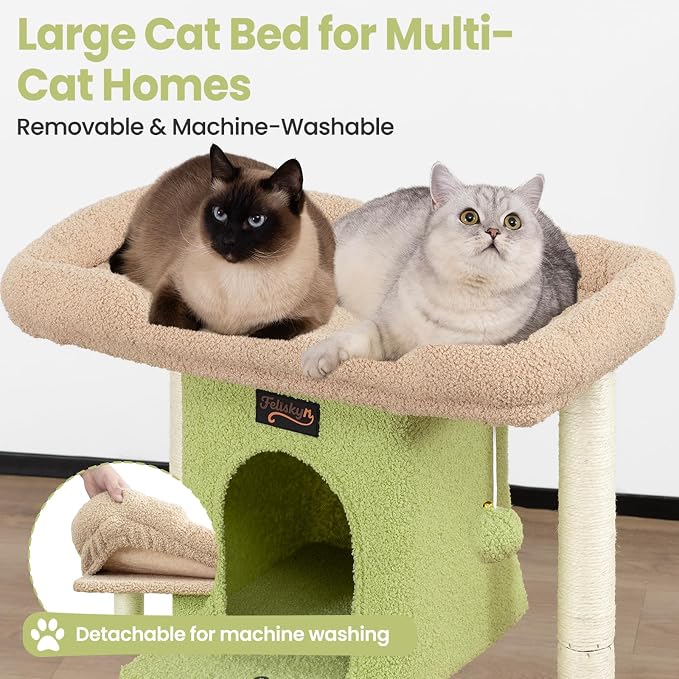 Cat Tree Tower Scratching Post for Indoor Large Adult Cats with Perch Bed | 28in Tall Small Cat Trees House with Big Perch, Condo, Toy Balls, Modern Kitten Climbing Furniture Platform, Green