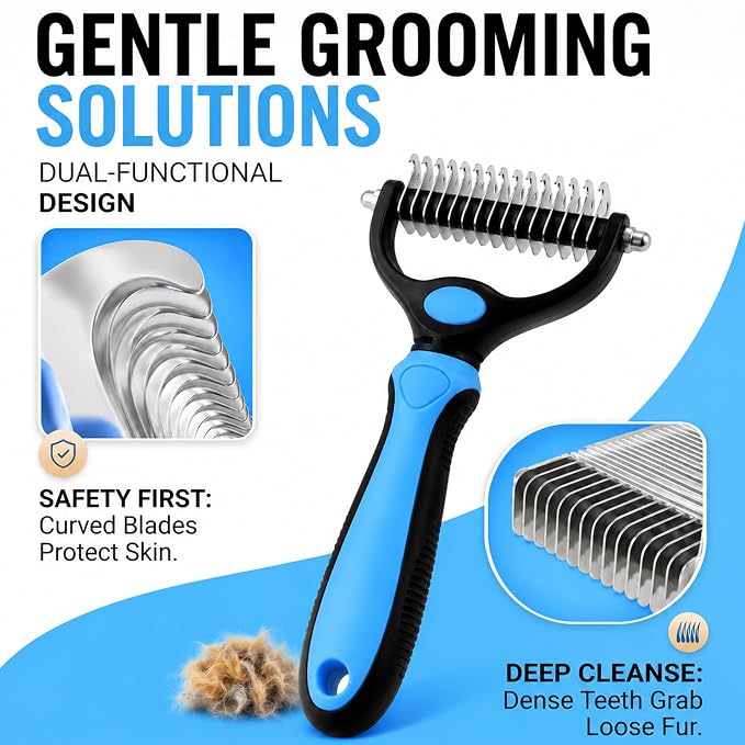 2-in-1 Double-Sided Pet Grooming Comb for Dogs & Cats - Deshedding Brush & Rounded-Tooth Dematting Tool | Painlessly Removes Knots, Tangles, Loose Undercoat & Fur in Thick/Long Coats (Blue-Large)