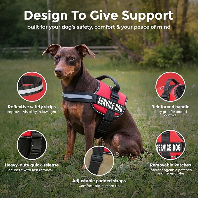 Industrial Puppy Service Dog Vest Harness - Durable & Adjustable Vest for Dog with Reflective Straps, Removable Patches, 50 ADA Cards, Handle & D-Ring, Travel and Daily Use,Bright Red, XXXS 11.5"-13"