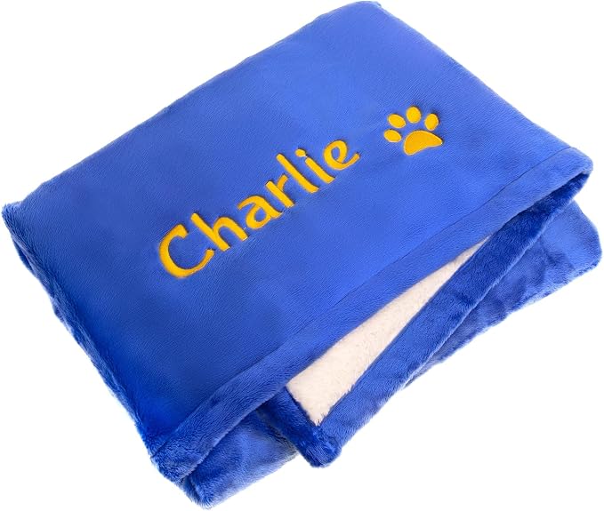 GoTags Personalized Premium Fluffy Dog Blanket, Super Soft Sherpa Fleece Blanket for Pets with Custom Embroidered Name and Paw, Large (40x30 inch), Royal Blue