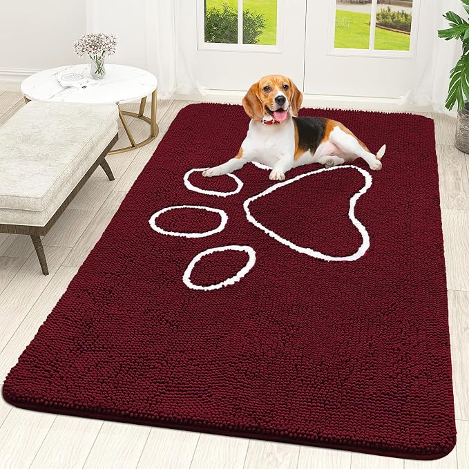 OLANLY Dog Door Mat for Muddy Paws 70x46, Paw Print Design Chenille Mud Mat | Burgundy, Absorbent, Traps Moisture and Dirt, Non-Slip Washable Doormat, Quick-Drying Indoor Entryway Floor Carpet for Dogs