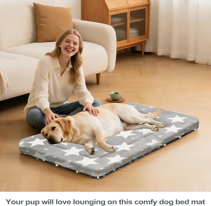 Dog Bed Mat, Reversible Dog Crate Pad with Washable Kennel Mat and Soft Foam, Pet Bed for Dogs & Cats, for Crates Carriers & Travel(Big&Small Stars Grey, 35" L*23" W*1.5" Th)