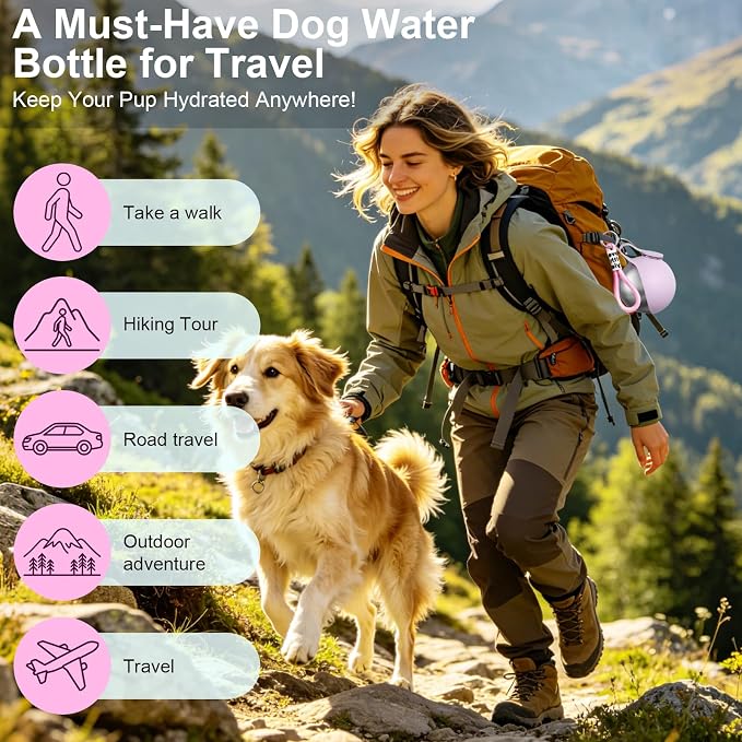 2 in 1 Dog Water Bottle with Bowl, 10oz Stainless Steel Travel Pet Water Dispenser, No-Spill Leak-Proof Design with Silicone Bowl, Compact Pet Drinking Bowl for Puppies Outdoor (Pink)