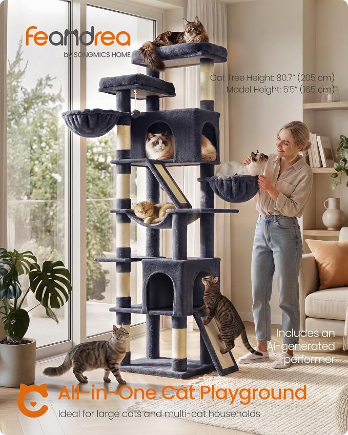Feandrea Large Cat Tree, 81.1" Tall Sturdy Cat Tower for Indoor, Dark Gray | Sturdy Tall Climbing Tower, Multi-Level Condo for Indoor Cats, Dark Gray, CLAWFY Collection UPCT021G201