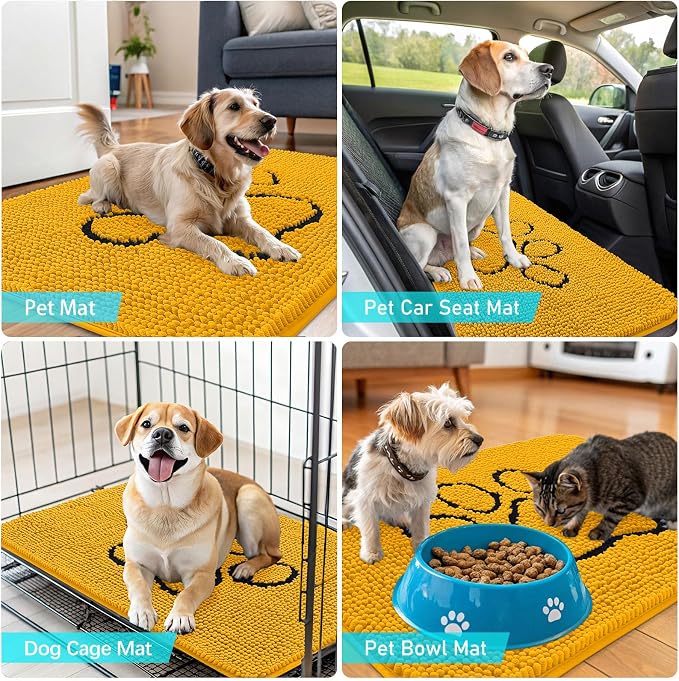 OLANLY Dog Door Mat for Muddy Paws 30x20, Paw Print Design Chenille Mud Mat | Golden Yellow, Absorbent, Traps Moisture and Dirt, Non-Slip Washable Doormat, Quick-Dry Indoor Entryway Floor Carpet for Dogs