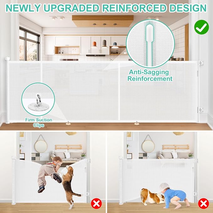 196 Inch Retractable Baby Gates Extra Wide, 41 Inch Reinforced Extra Tall Gate for Large Openings, Mesh Safety Gate for Kids Pets, Retractable Dog Gate for Pool Garages Doorway Indoor Outdoor, White