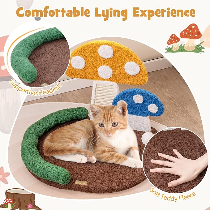 PETSITE Mushroom Cat Tree for Indoor Cats, Modern Small Cute Cat Tree with Natural Sisal Scratching Board, and Teasing Spring Ball (17 Inches Tall)