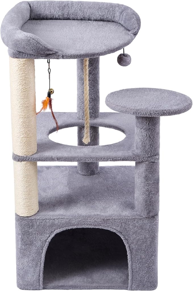 AIWIKIDE 31.5 Inch Cat Tree for Indoor Cats, Multi-Level Medium Cat Tower with Plush Perch, Sisal Scratching Posts and Private Condo for Kittens, Grey