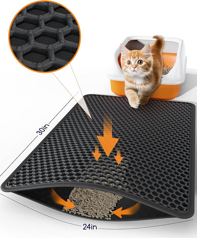 Powools Cat Litter Mat, Double-Layer, 30 x 24 in, Urine-Proof, Black | Non-Slip Litter Trapping Mat, Easy to Clean, Kitty Litter Mats for Floor, Scatter Control, Waterproof Litter Box Mat for Cats