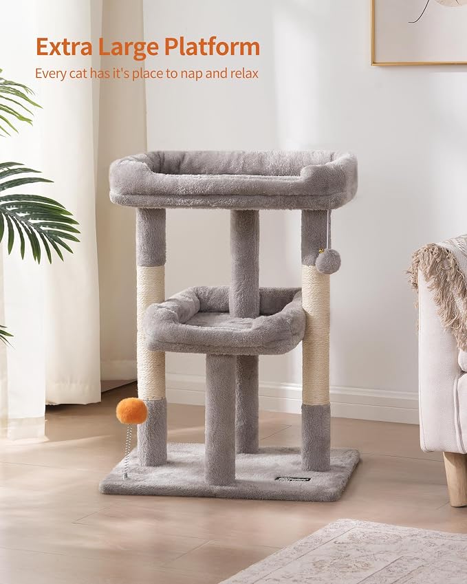 Small Cat Tree, Multi-Level Cat Tree for Indoor Cats, Cat Tower with Scratching Post, Cat Condo for Kittens,Toy Balls, 2 Soft Platform, Light Gray