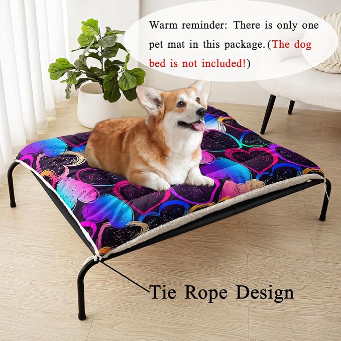 HOSIMA Multicolor Heart Pattern Pet Bed Mat,Fuzzy Crate Pads for Dog Cages,Washable Soft Cozy Sleeping Mat,Plush Black Pad Suitable for Medium Dog Bed,38L*32W Inch,Colorful.